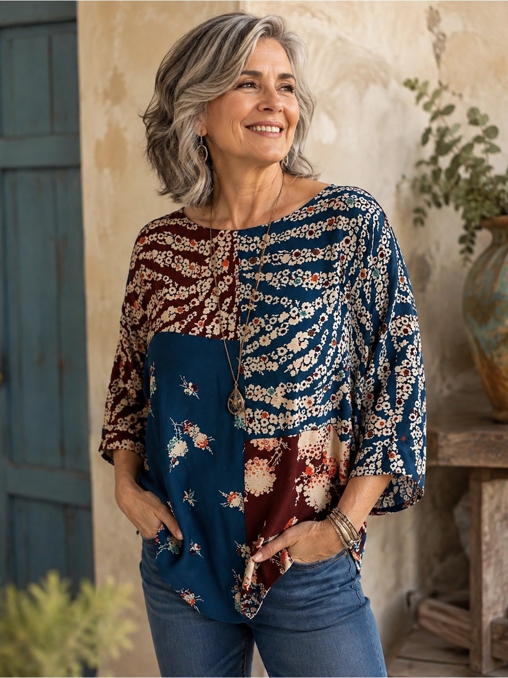 Sz XS/S Ivy Jane Floral & Plaid Patchwork Shirt